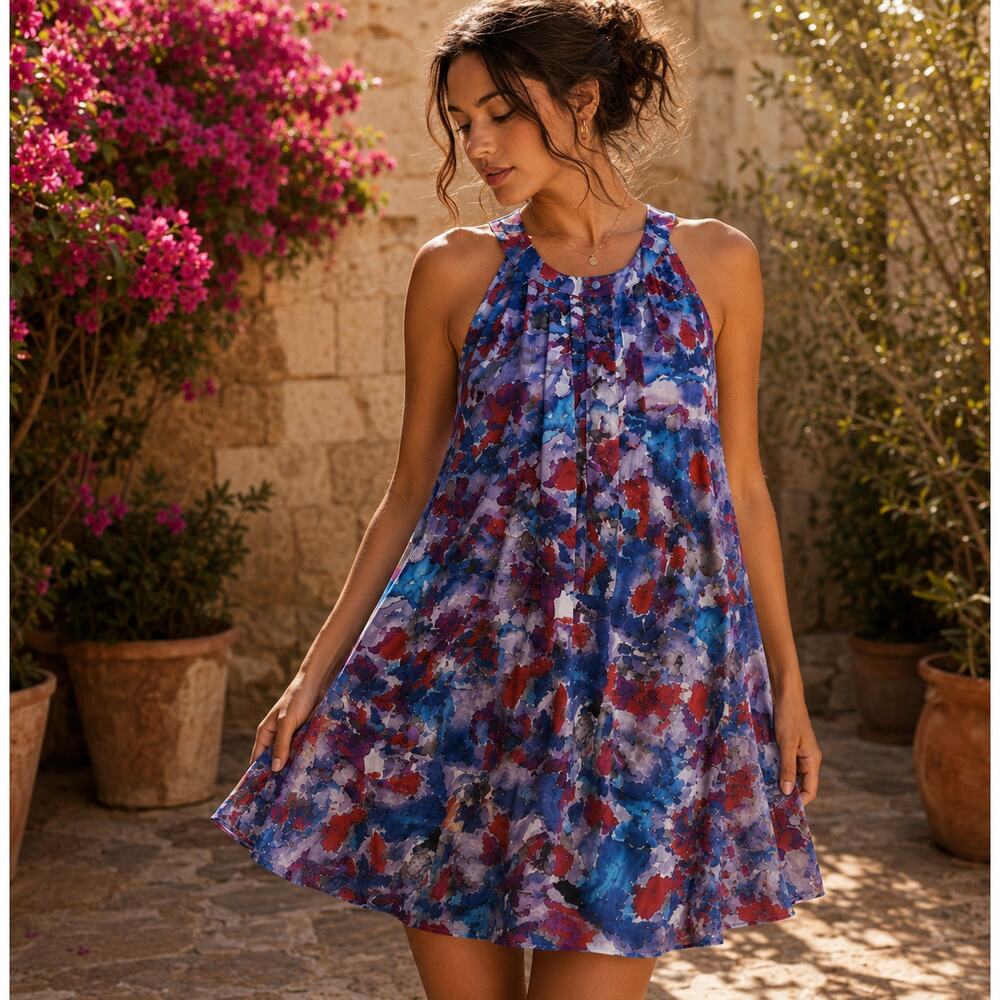 Theory Silk Blend Watercolor Print Swing Mini Dress Blue Purple Medium?